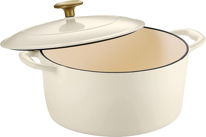 Tramontina Bestow Enameled Cast Iron Dutch Oven Pot with Lid, Round 5.5-quart, Latte with Gold Knob